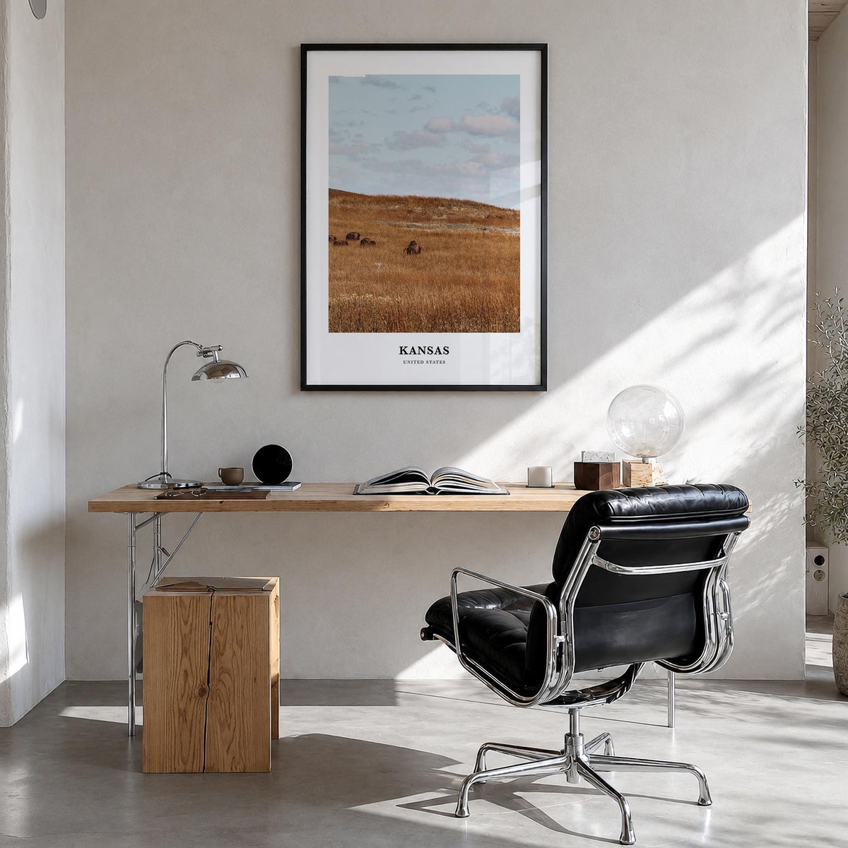 Kansas colorful classic poster of United States – vertical wall art in black wood frame, hanging on wall