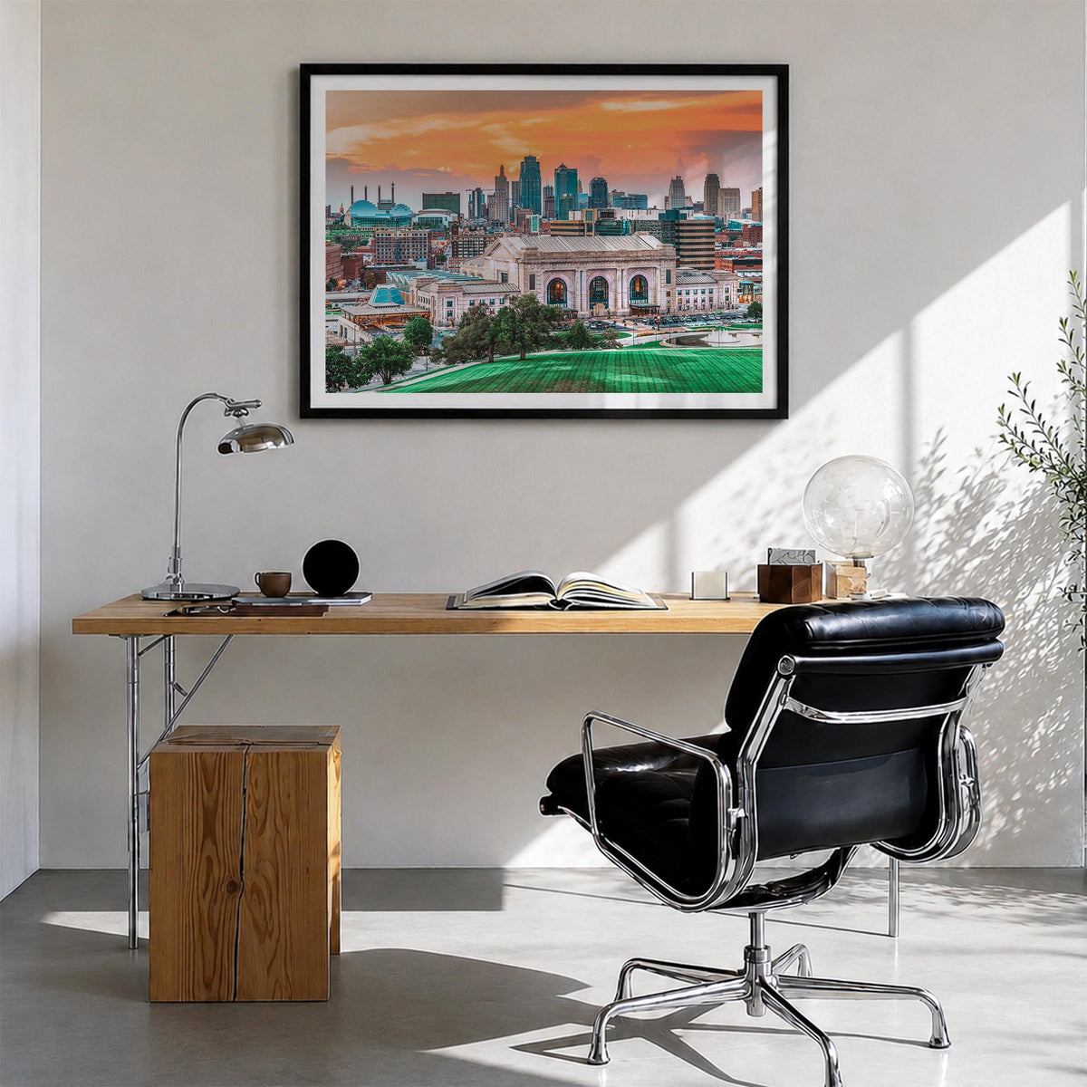 Kansas colorful photo poster of United States – horizontal wall art in black wood frame with white border, hanging on wall