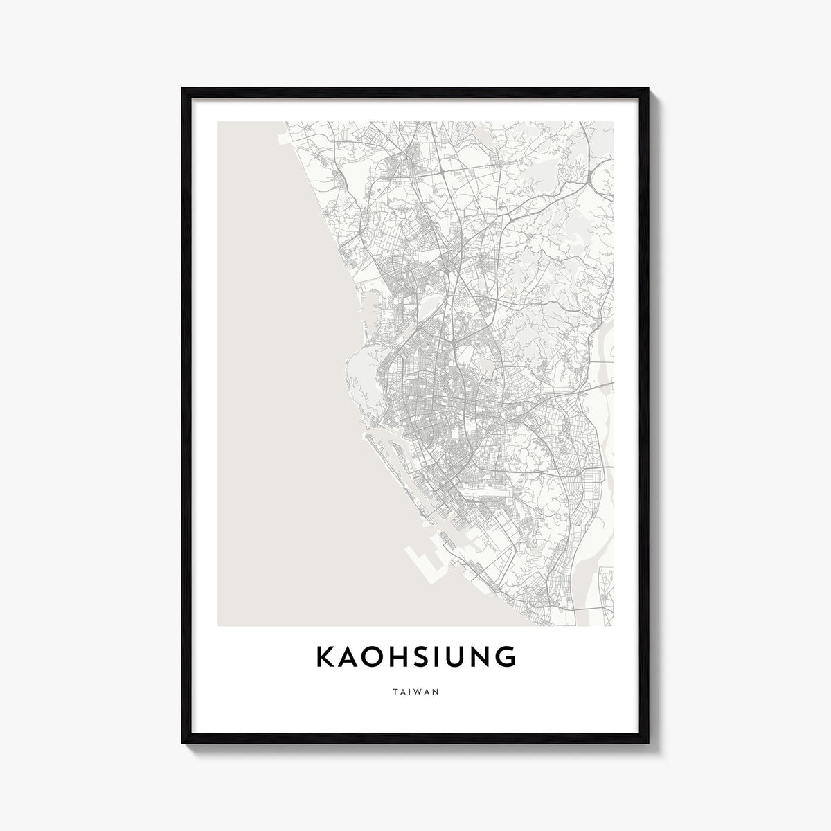 Kaohsiung black & white map poster of Taiwan – vertical wall art, unframed print shown in interior mockup