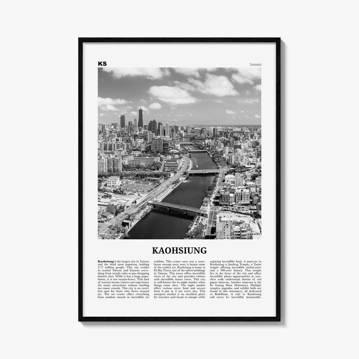 Kaohsiung black & white newspaper poster of Taiwan – vertical wall art, unframed print shown in interior mockup