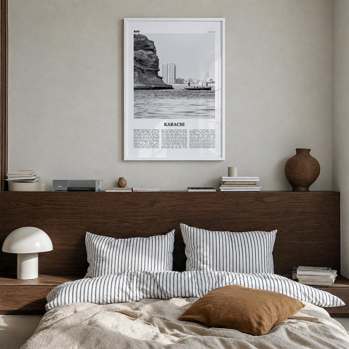 Karachi no. 1 black & white newspaper poster of Pakistan – vertical wall art in white wood frame, hanging on wall