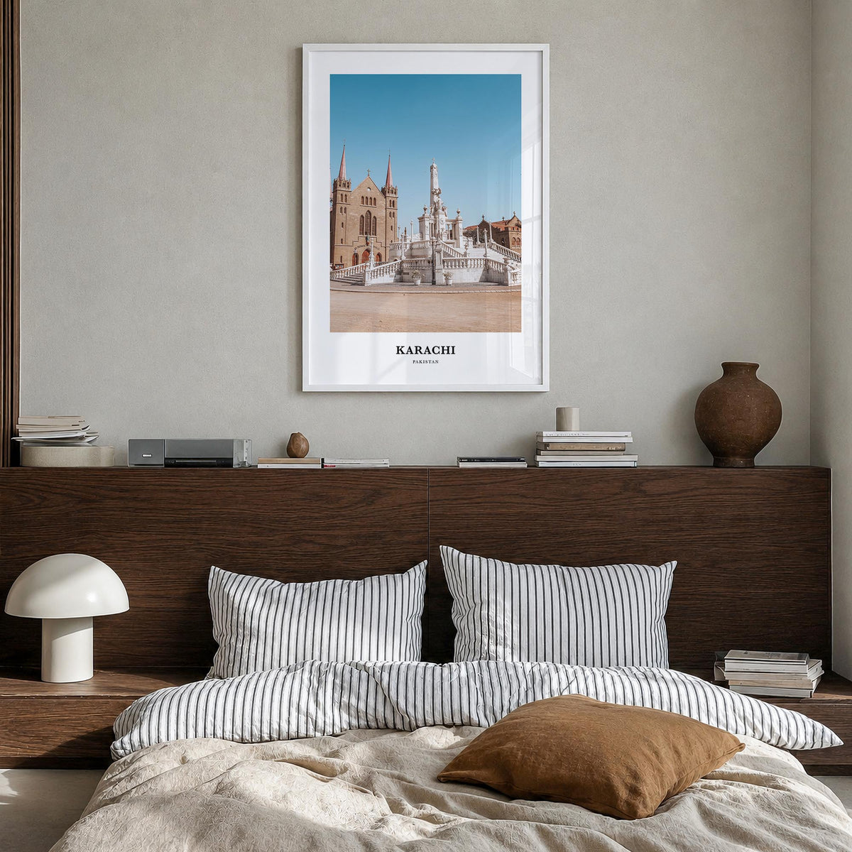 Karachi no. 1 colorful classic poster of Pakistan – vertical wall art in white wood frame, hanging on wall