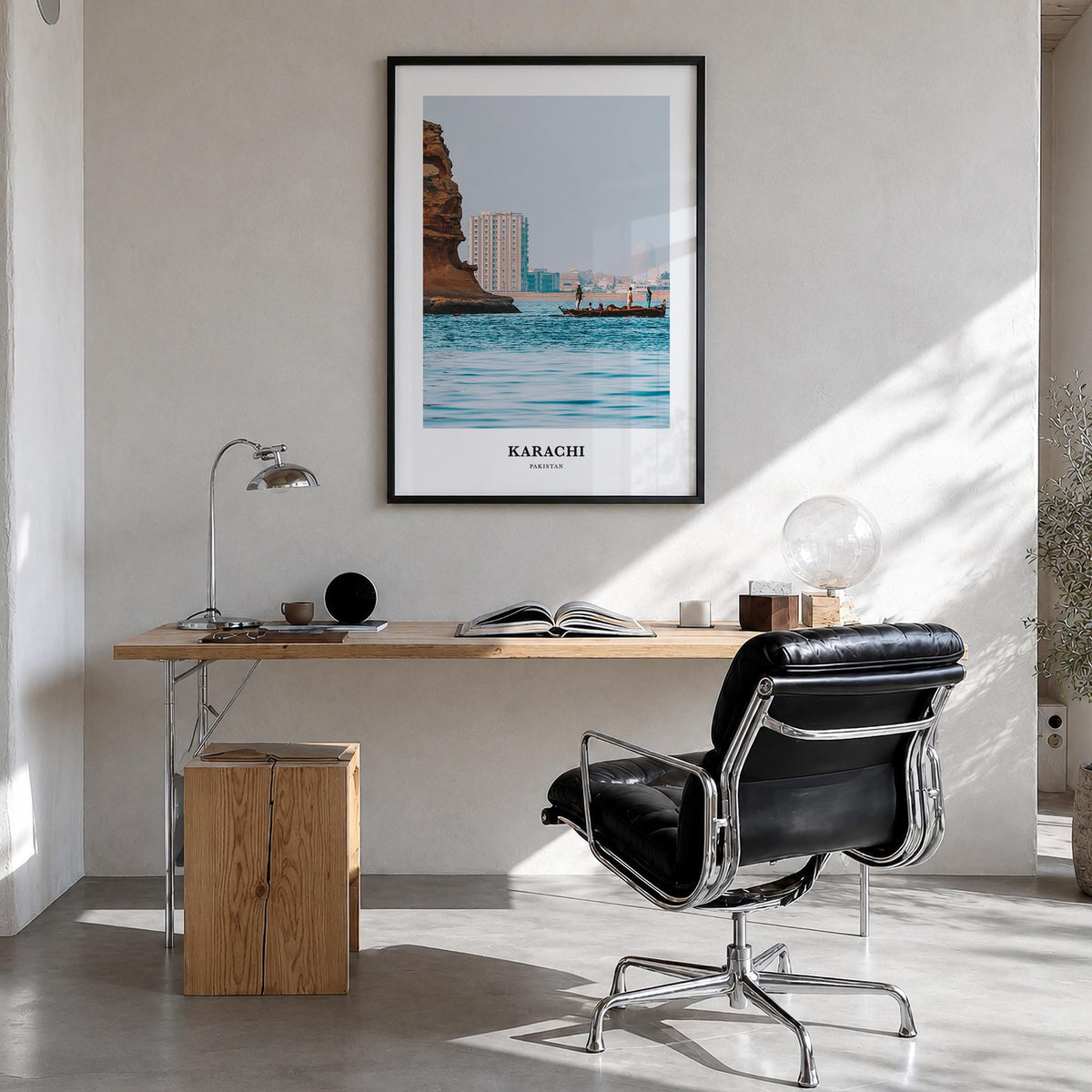 Karachi no. 2 colorful classic poster of Pakistan – vertical wall art in black wood frame, hanging on wall