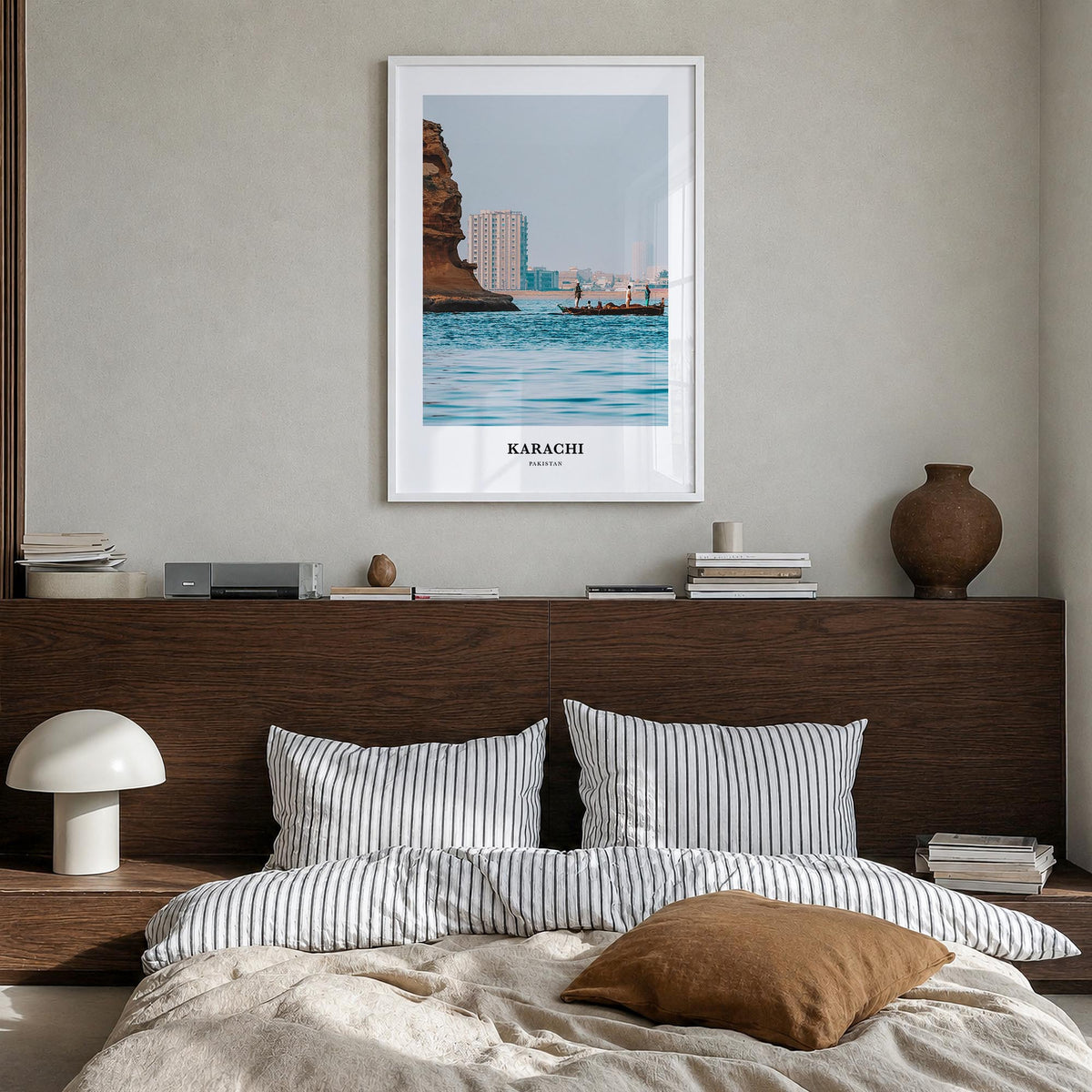 Karachi no. 2 colorful classic poster of Pakistan – vertical wall art in white wood frame, hanging on wall