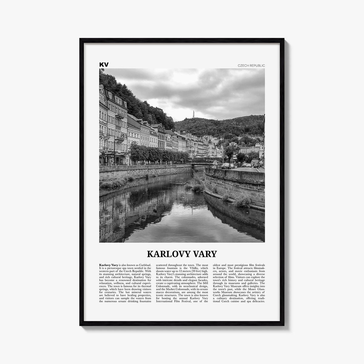 Karlovy Vary black & white newspaper poster of Czechia – vertical wall art, unframed print shown in interior mockup