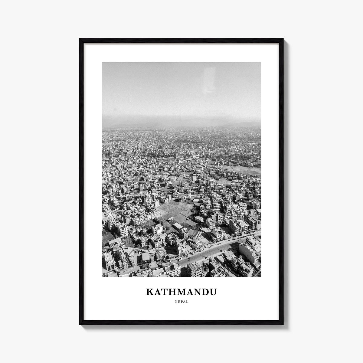 Kathmandu black & white classic poster of Nepal – vertical wall art, unframed print shown in interior mockup