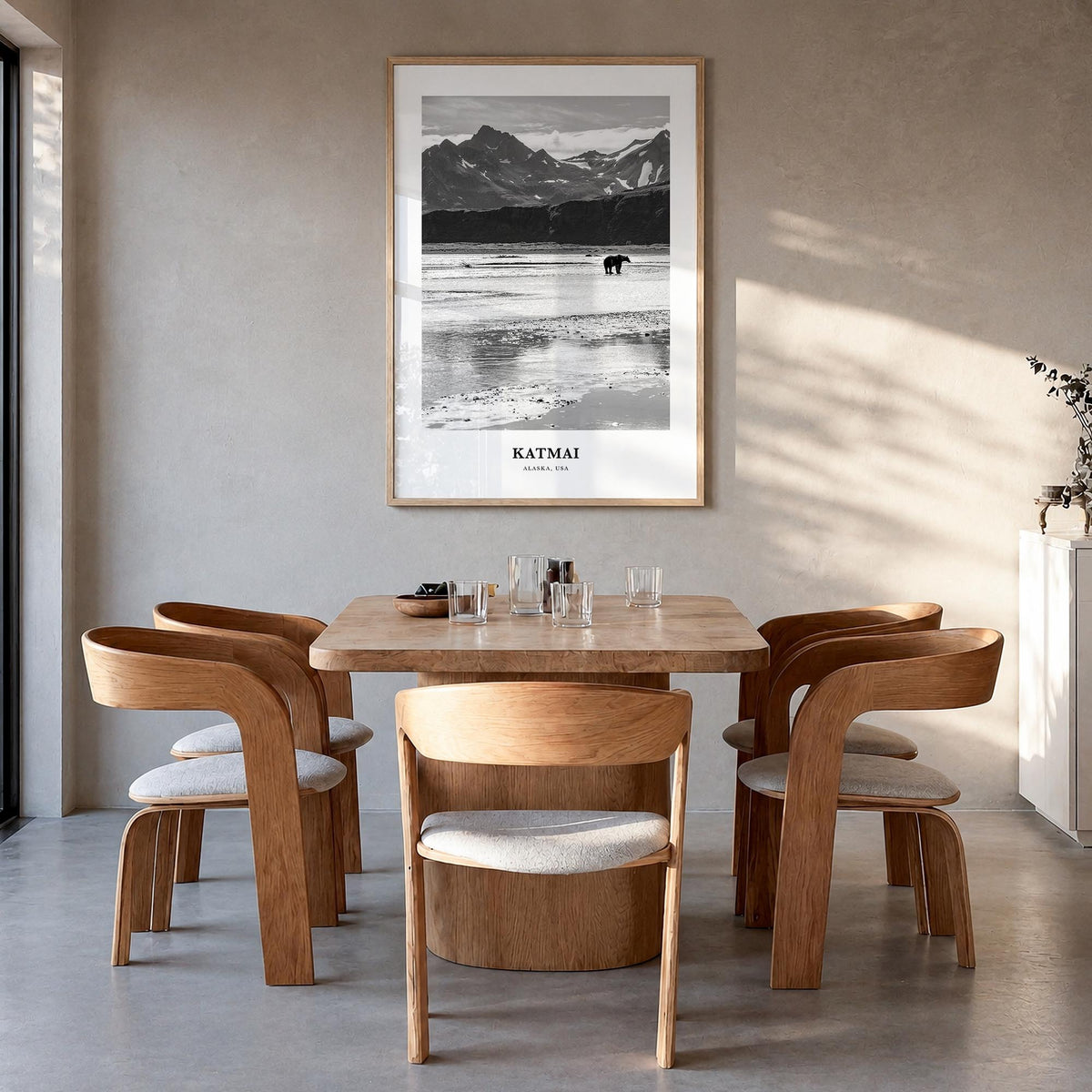 Katmai National Park black & white classic poster of Alaska, USA – vertical wall art in natural wood frame, hanging on wall