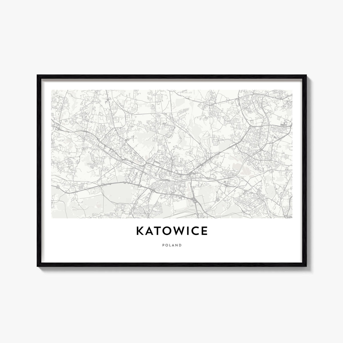 Katowice black & white map poster of Poland – horizontal wall art, unframed print shown in interior mockup