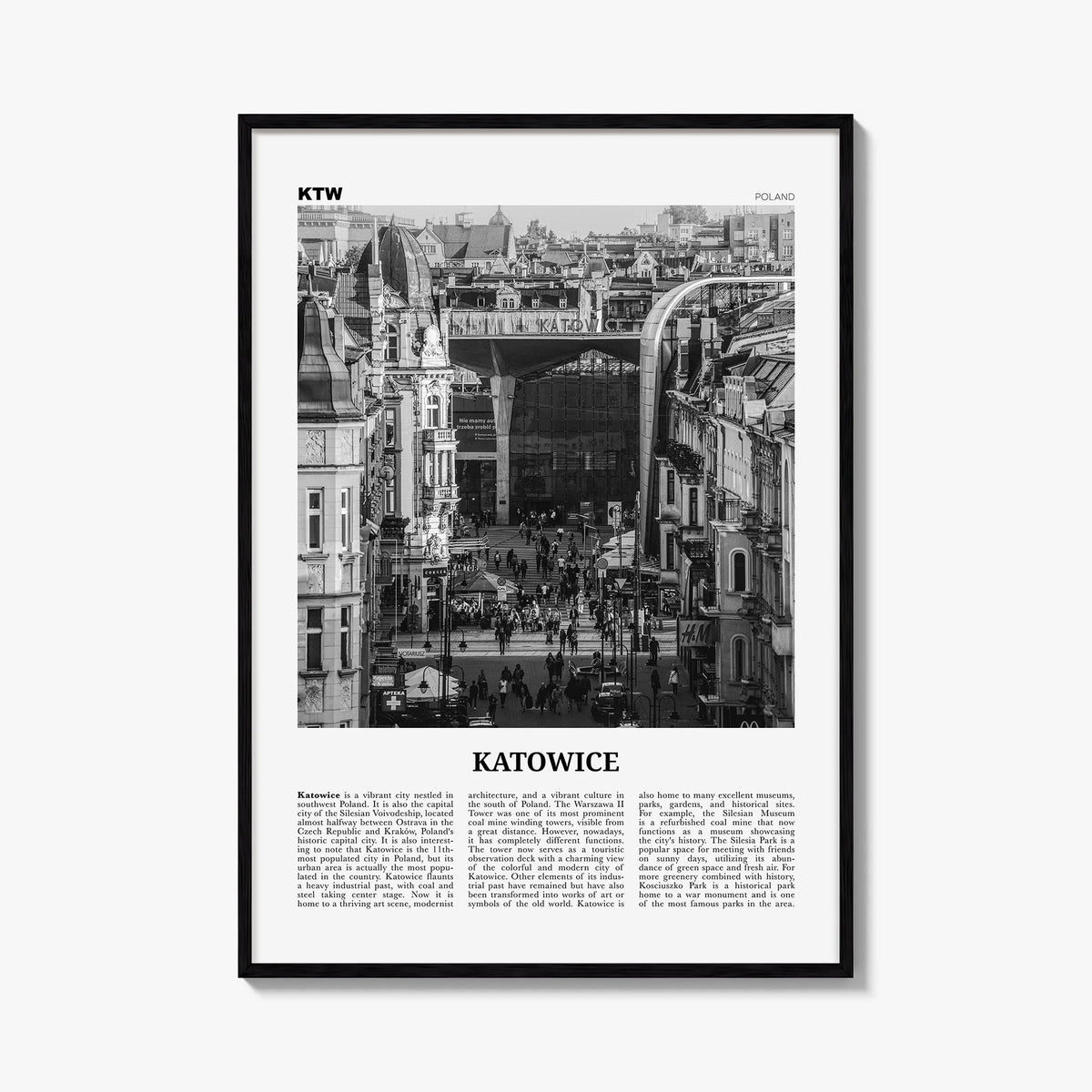 Katowice black & white newspaper poster of Poland – vertical wall art, unframed print shown in interior mockup