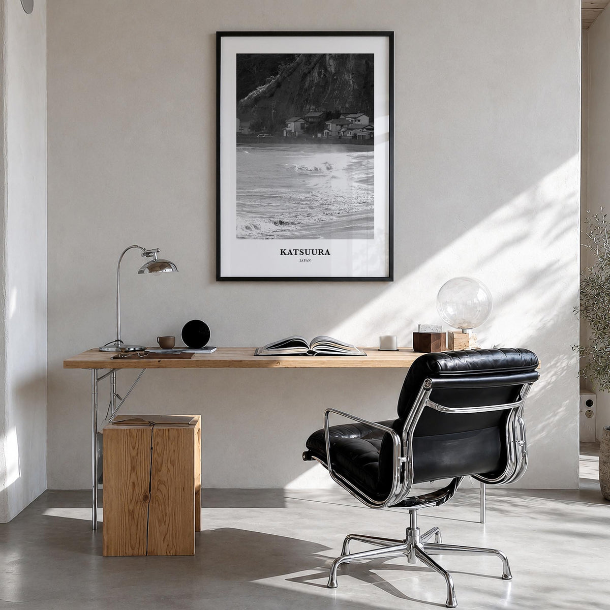 Katsuura black & white classic poster of Japan – vertical wall art in black wood frame, hanging on wall