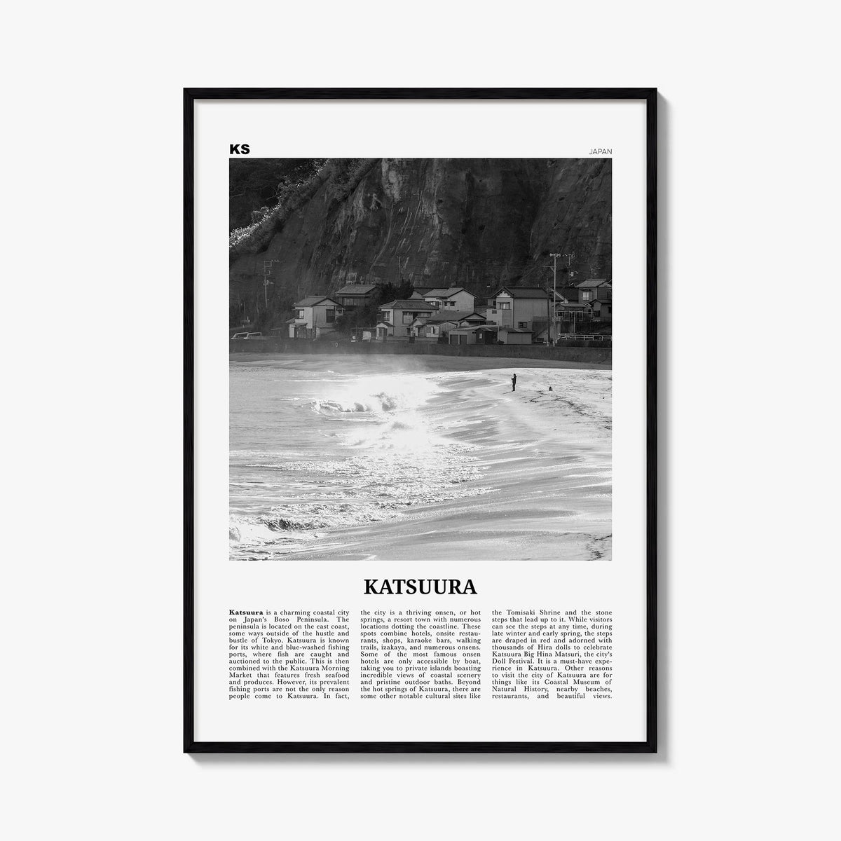 Katsuura black & white newspaper poster of Japan – vertical wall art, unframed print shown in interior mockup