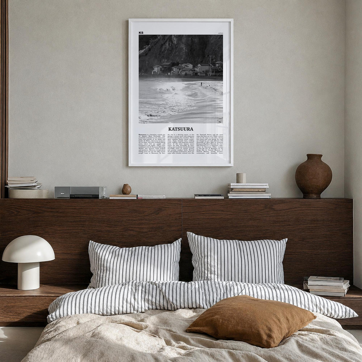 Katsuura black & white newspaper poster of Japan – vertical wall art in white wood frame, hanging on wall
