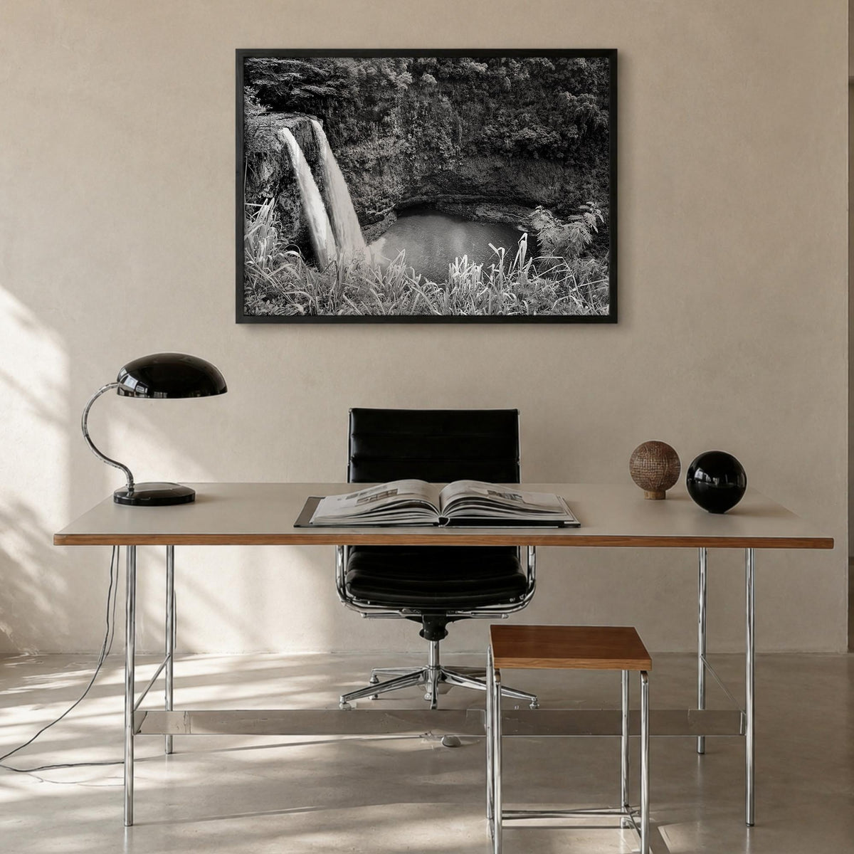 Kauai black & white photo poster of Hawaii, USA – horizontal wall art in black wood frame, hanging on wall