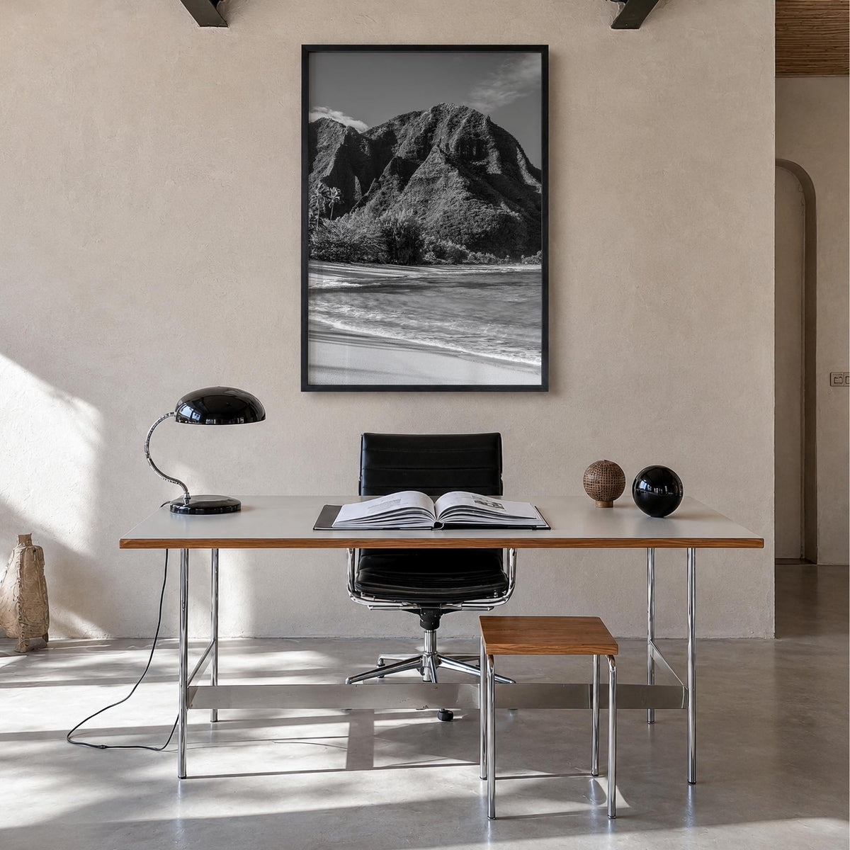 Kauai black & white photo poster of Hawaii, USA – vertical wall art in black wood frame, hanging on wall