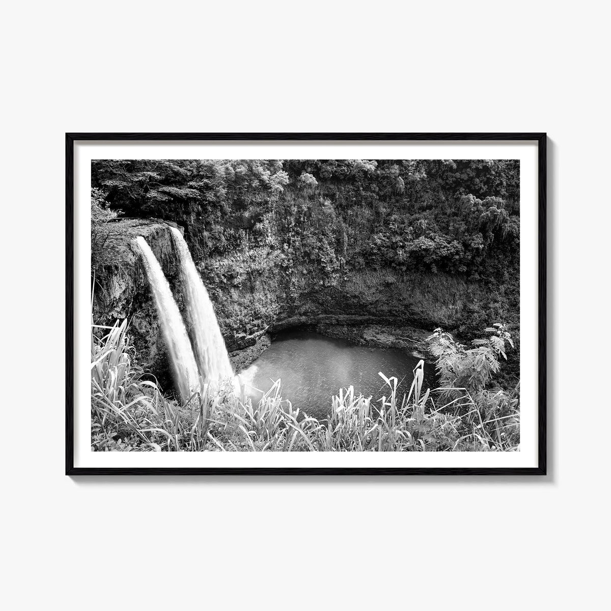 Kauai black & white photo poster of Hawaii, USA – horizontal wall art, unframed print shown in interior mockup