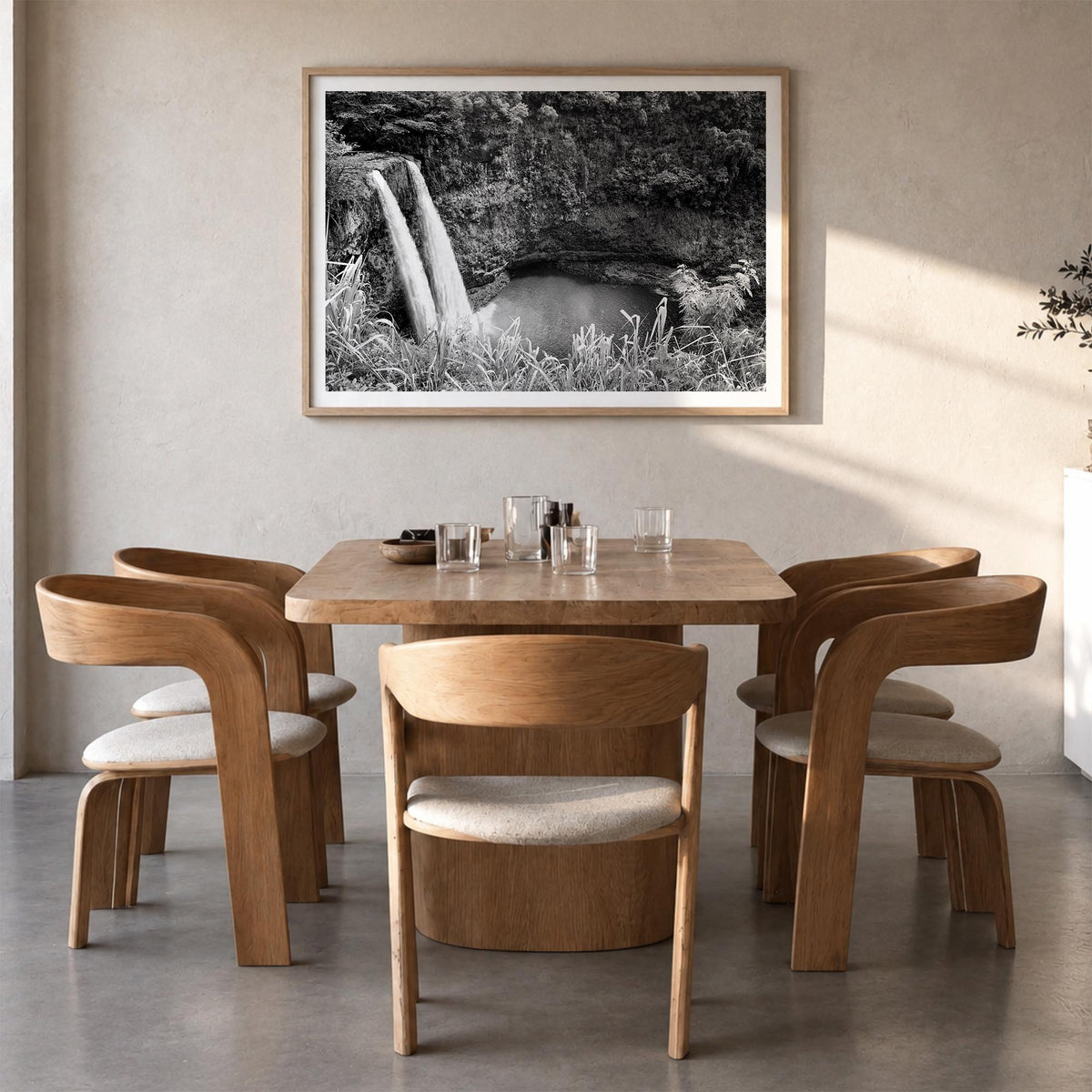 Kauai black & white photo poster of Hawaii, USA – horizontal wall art in natural wood frame with white border, hanging on wal