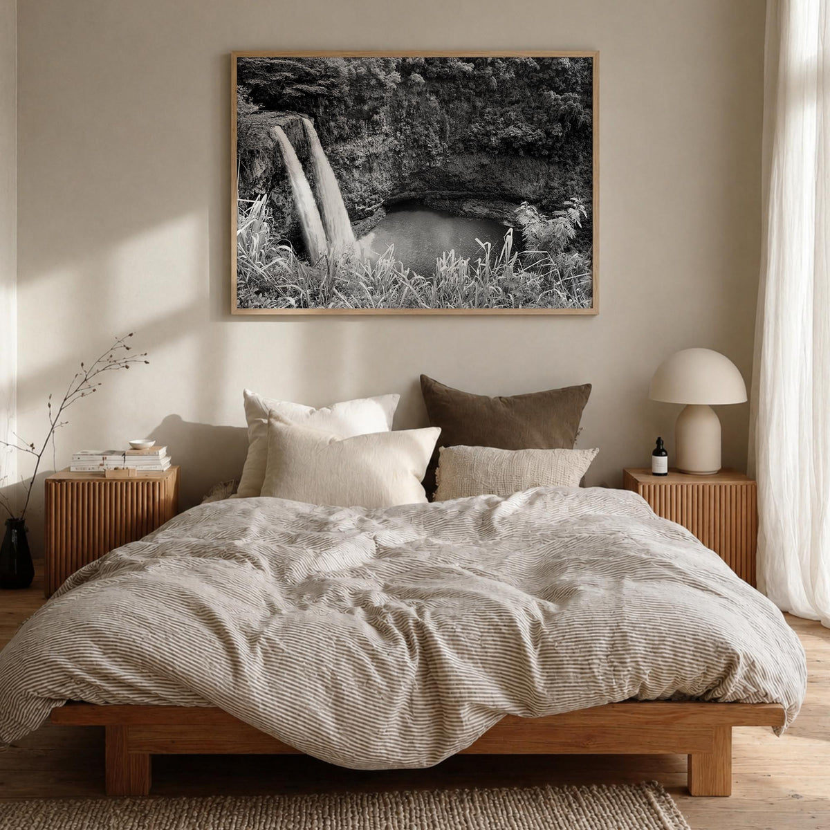 Kauai black & white photo poster of Hawaii, USA – horizontal wall art in natural wood frame, hanging on wall