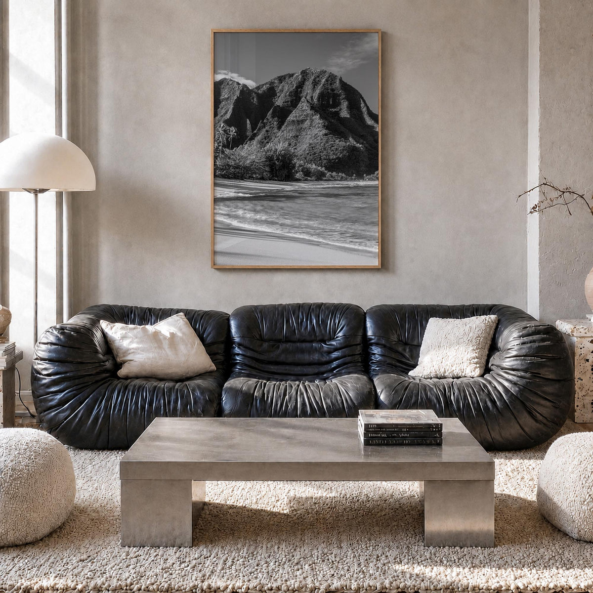 Kauai black & white photo poster of Hawaii, USA – vertical wall art in natural wood frame, hanging on wall