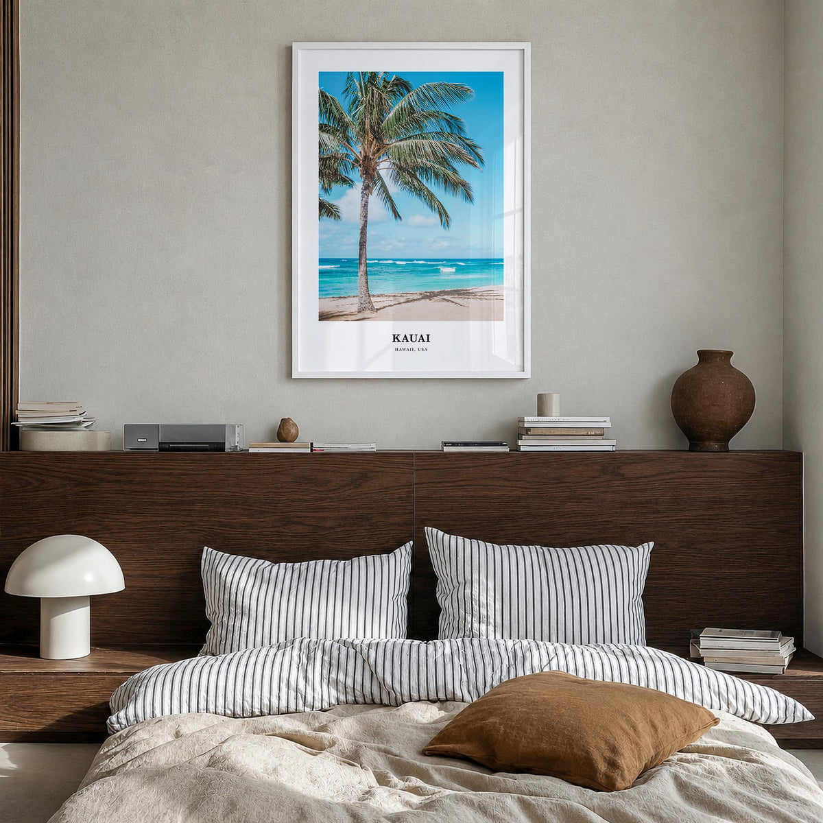 Kauai colorful classic poster of Hawaii, USA – vertical wall art in white wood frame, hanging on wall