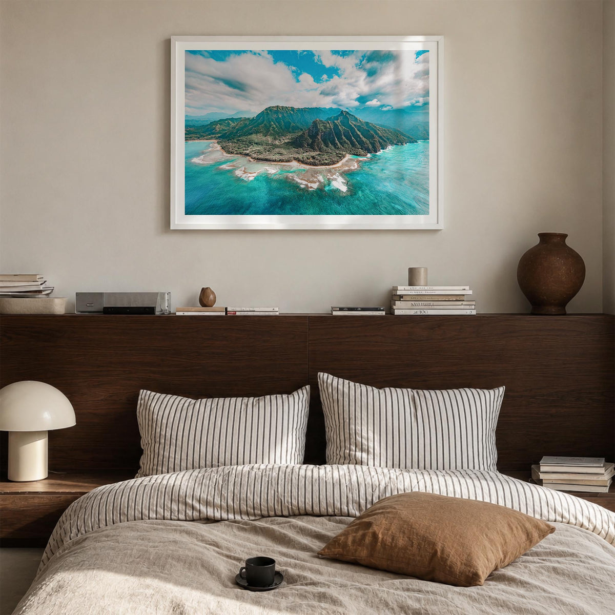 Kauai colorful photo poster of Hawaii, USA – horizontal wall art in white wood frame with white border, hanging on wall