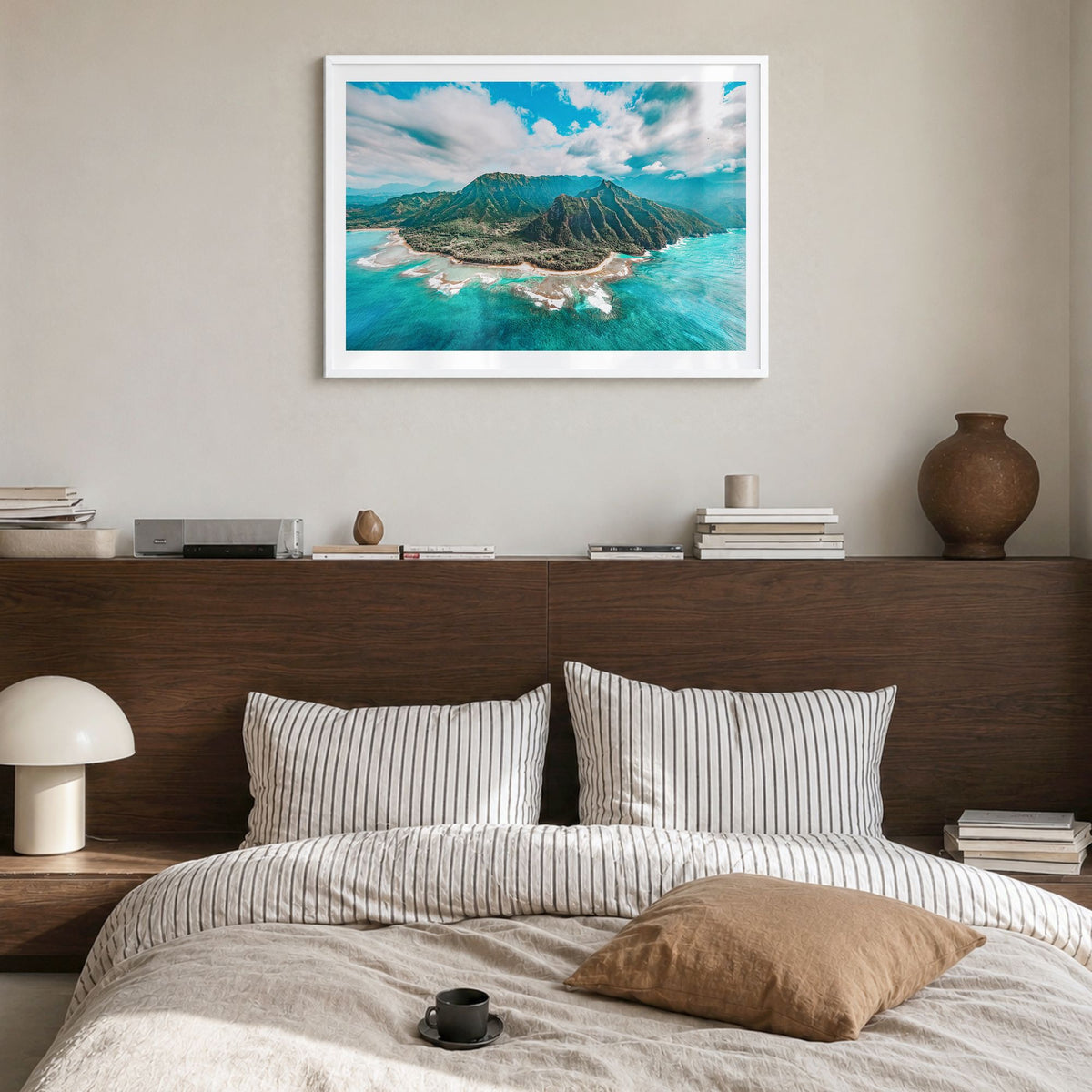 Kauai Photo Poster in a white wood frame, hanging in a bedroom, white border