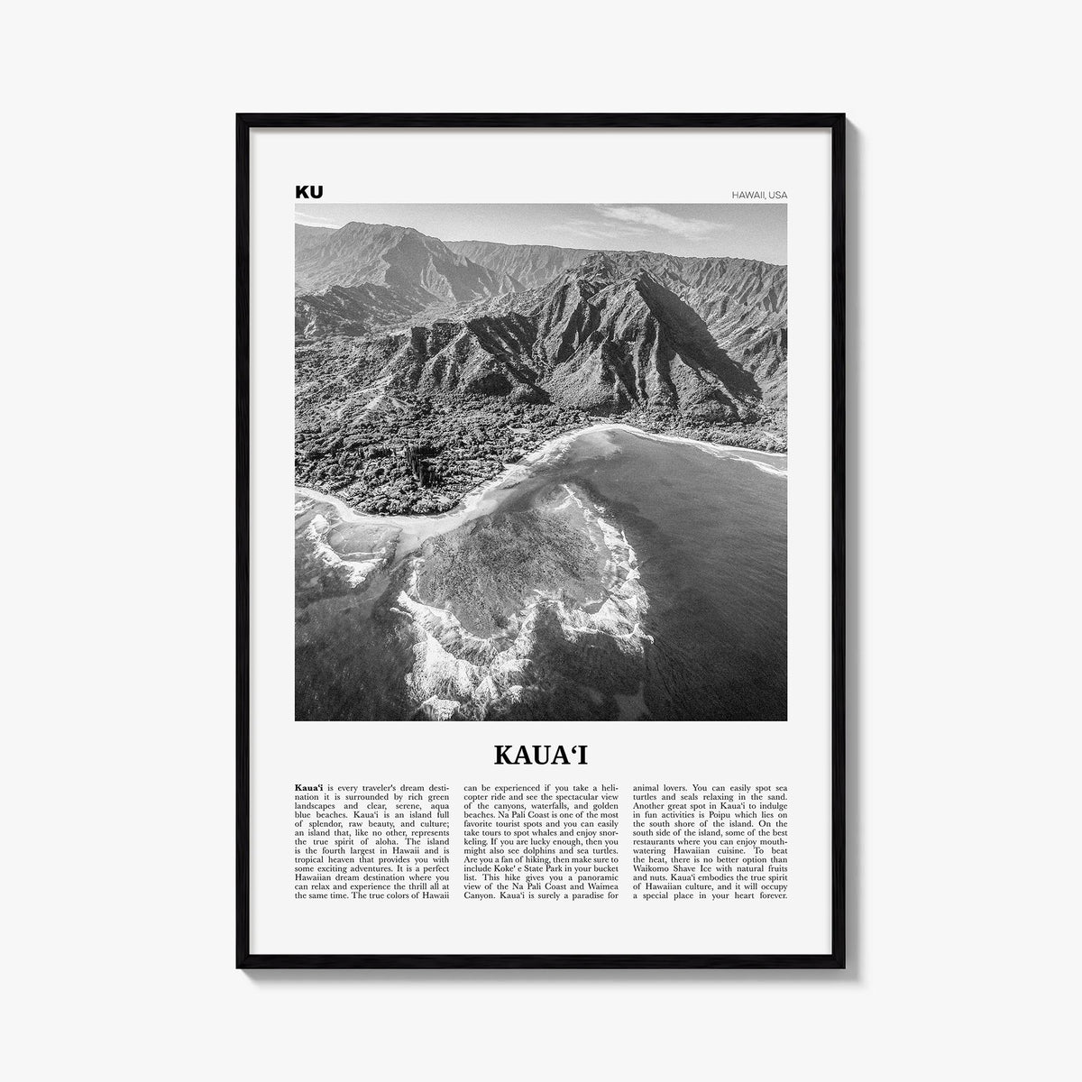 Kauai no. 1 black & white newspaper poster of Hawaii, USA – vertical wall art, unframed print shown in interior mockup
