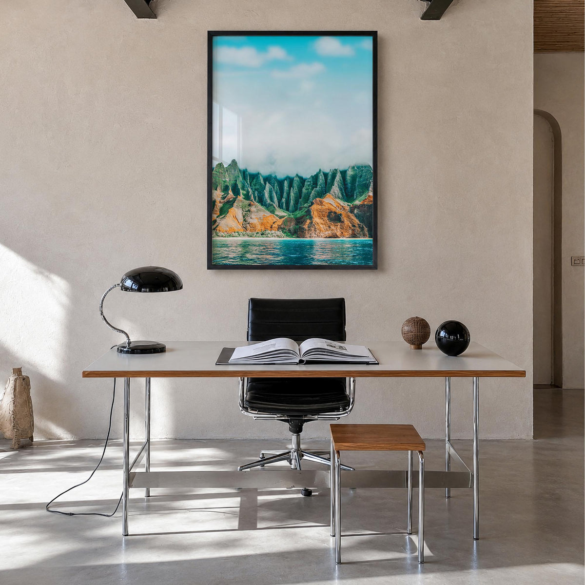 Kauai no. 1 colorful photo poster of Hawaii, USA – vertical wall art in black wood frame, hanging on wall