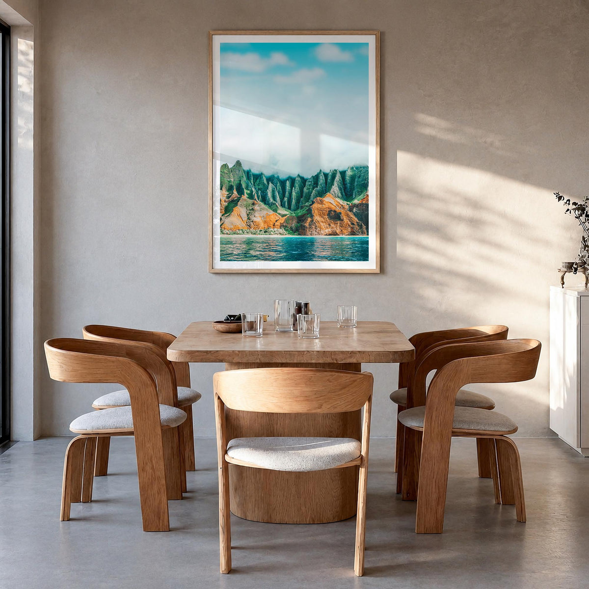 Kauai no. 1 colorful photo poster of Hawaii, USA – vertical wall art in natural wood frame with white border, hanging on wall