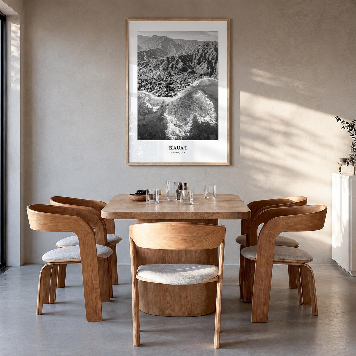 Kauai no. 2 black & white classic poster of Hawaii, USA – vertical wall art in natural wood frame, hanging on wall