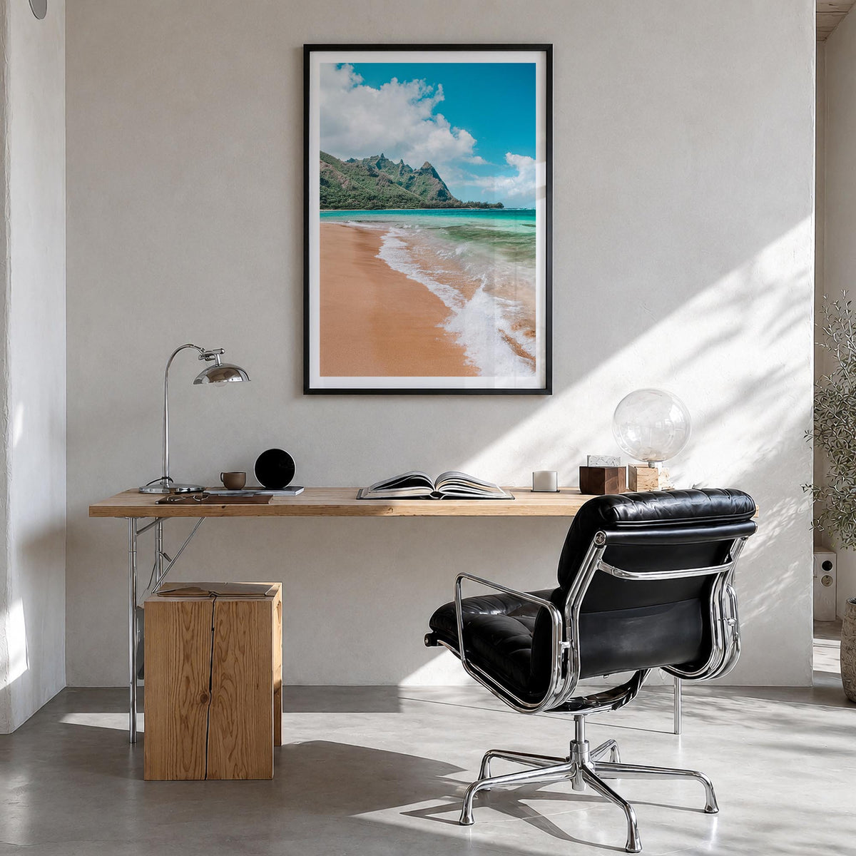 Kauai no. 3 colorful photo poster of Hawaii, USA – vertical wall art in black wood frame with white border, hanging on wall