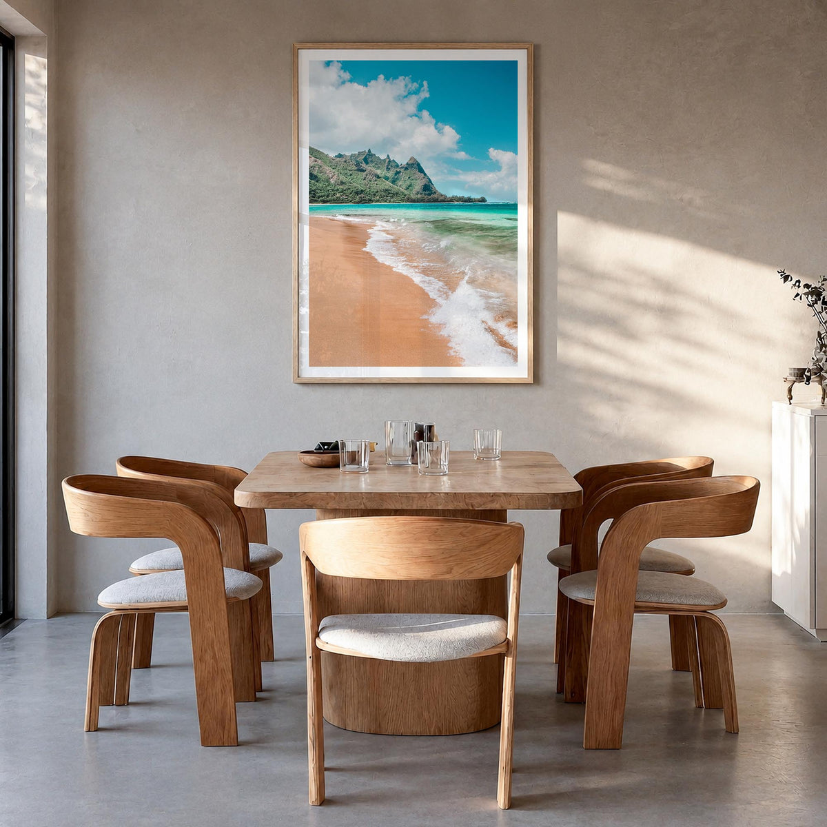 Kauai no. 3 colorful photo poster of Hawaii, USA – vertical wall art in natural wood frame with white border, hanging on wall