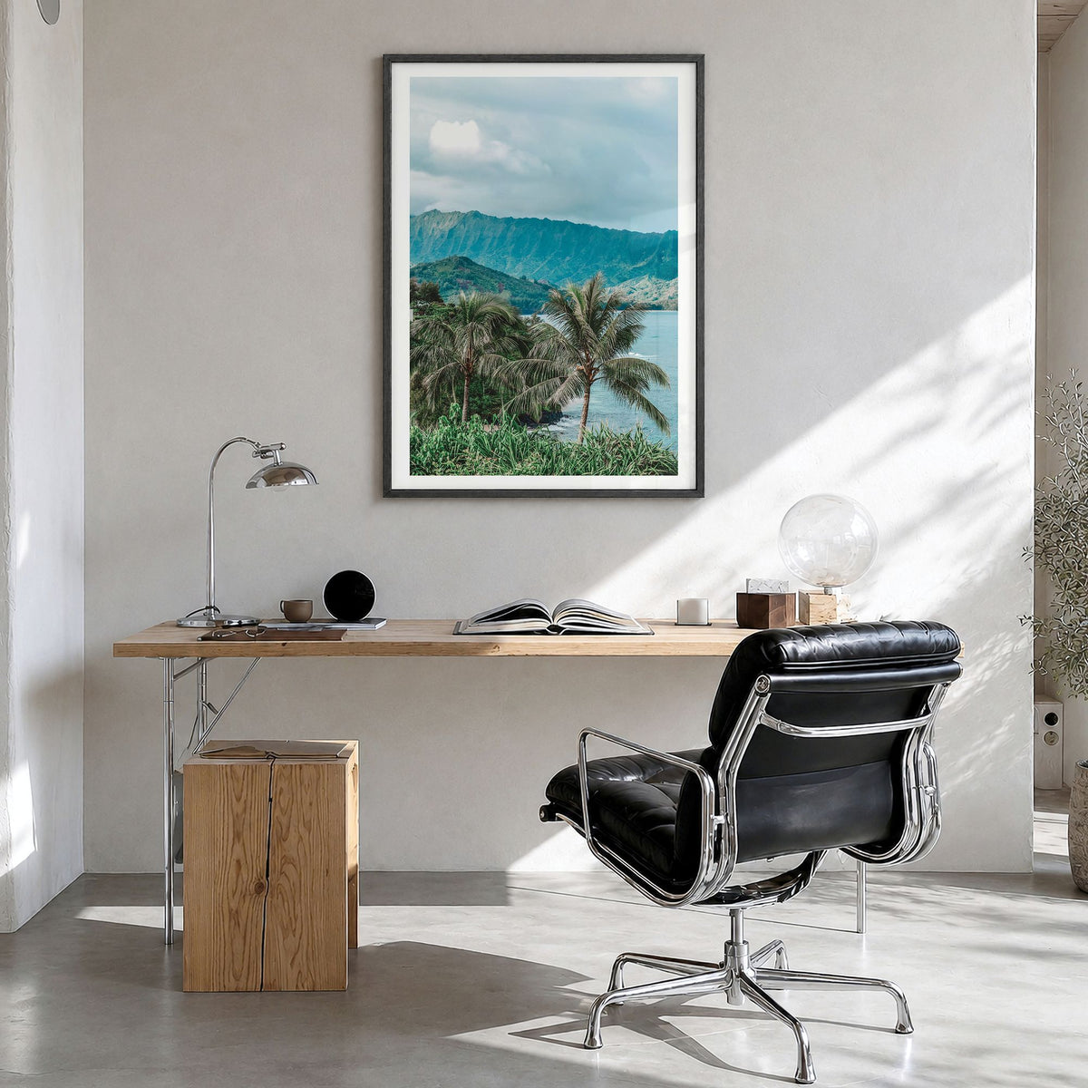 Kauai Photo No 2 Poster in a black wood frame, hanging in a bright home office, white border
