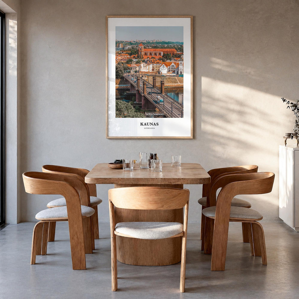 Kaunas colorful classic poster of Lithuania – vertical wall art in natural wood frame, hanging on wall