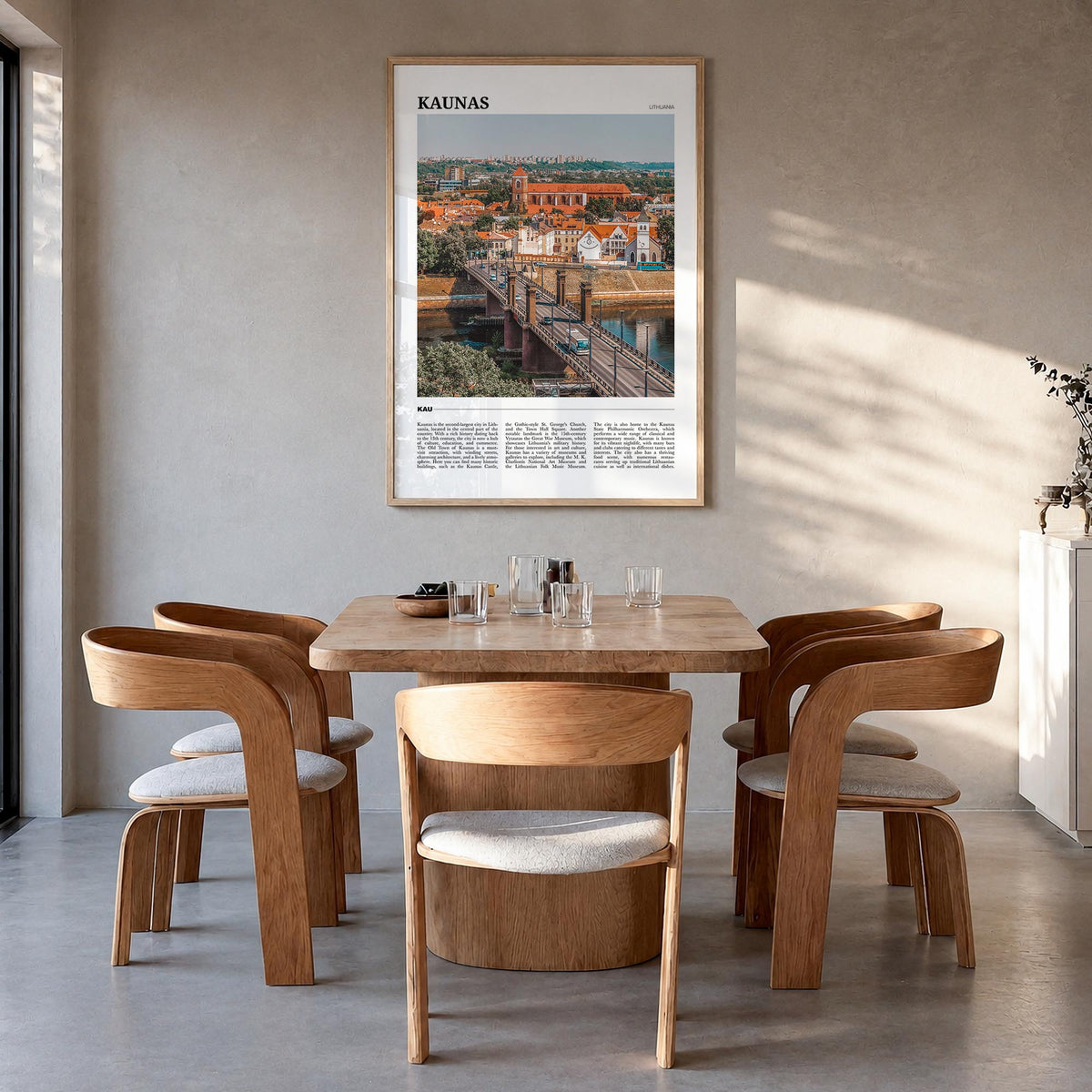 Kaunas colorful travel poster of Lithuania – vertical wall art in natural wood frame, hanging on wall