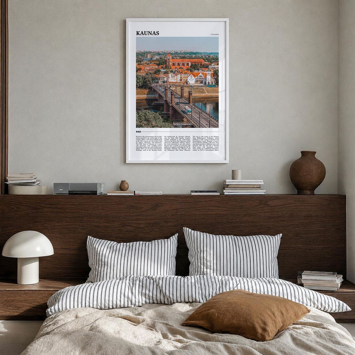Kaunas colorful travel poster of Lithuania – vertical wall art in white wood frame, hanging on wall