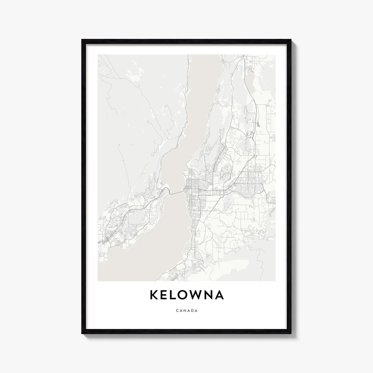 Kelowna black & white map poster of British Columbia, Canada – vertical wall art, unframed print shown in interior mockup