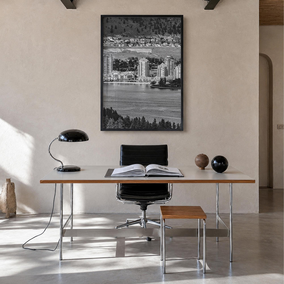 Kelowna black & white photo poster of British Columbia, Canada – vertical wall art in black wood frame, hanging on wall