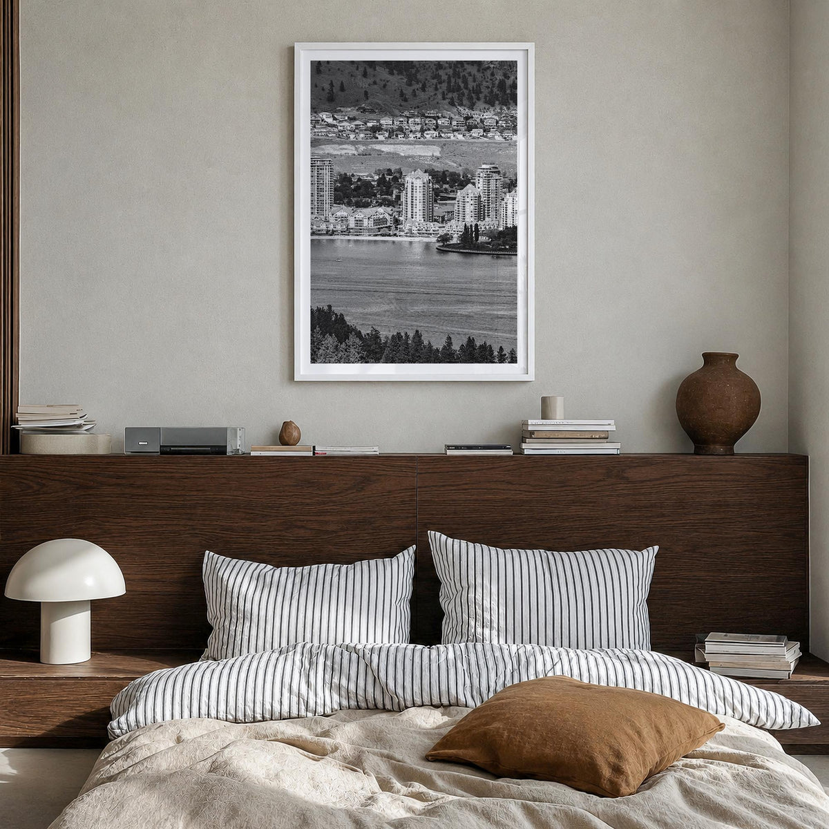 Kelowna black & white photo poster of British Columbia, Canada – vertical wall art in white wood frame with white border, han
