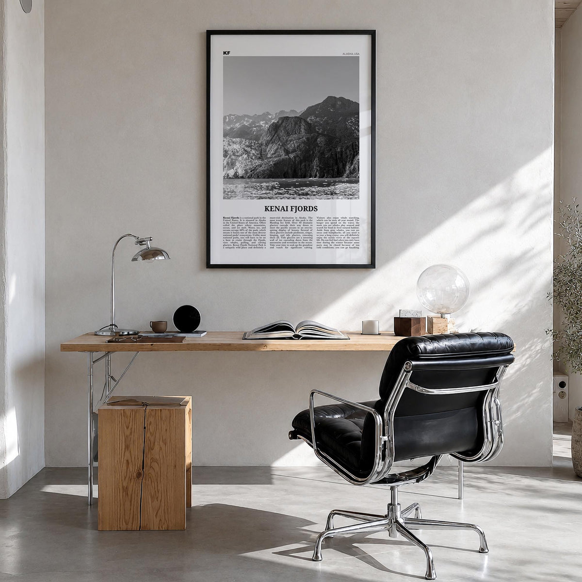 Kenai Fjords National Park black & white newspaper poster of Alaska, USA – vertical wall art in black wood frame, hanging on