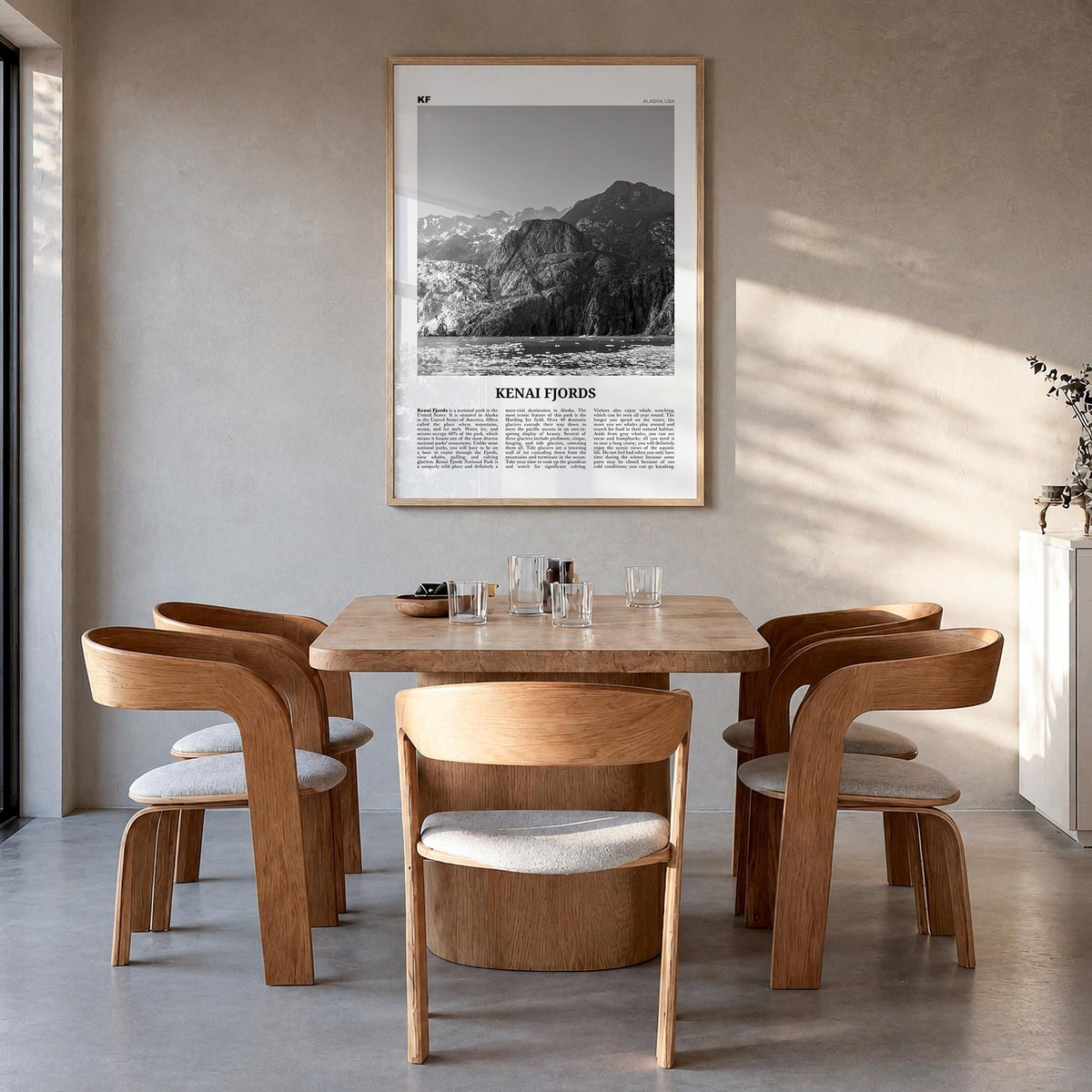 Kenai Fjords National Park black & white newspaper poster of Alaska, USA – vertical wall art in natural wood frame, hanging o