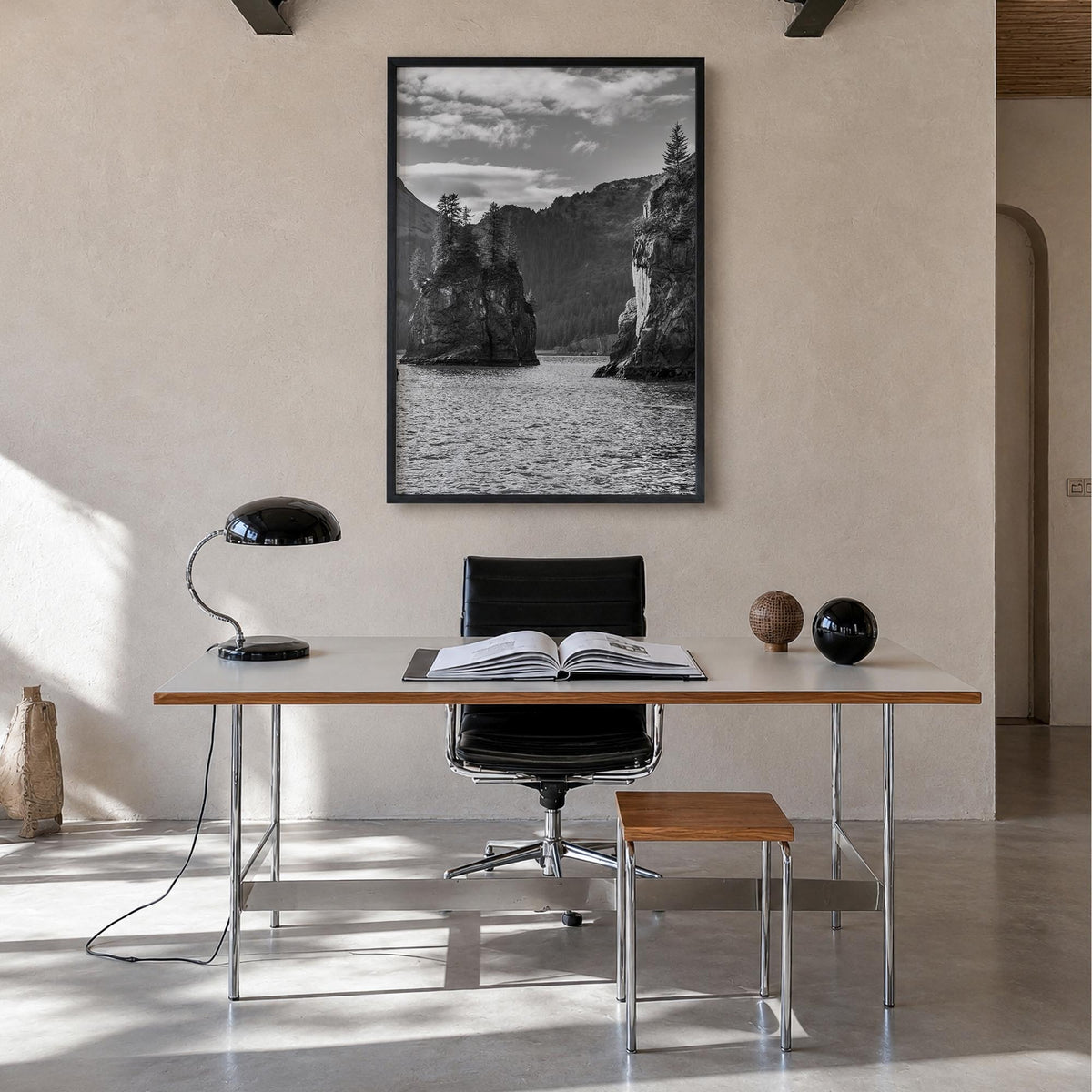 Kenai Fjords National Park black & white photo poster of Alaska, USA – vertical wall art in black wood frame, hanging on wall