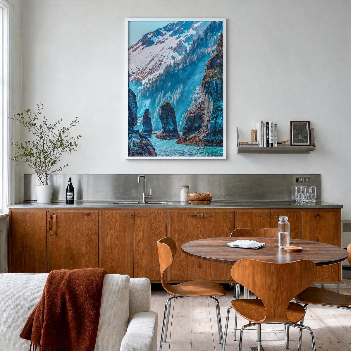Kenai Fjords National Park colorful photo poster of Alaska, USA – vertical wall art in white wood frame, hanging on wall