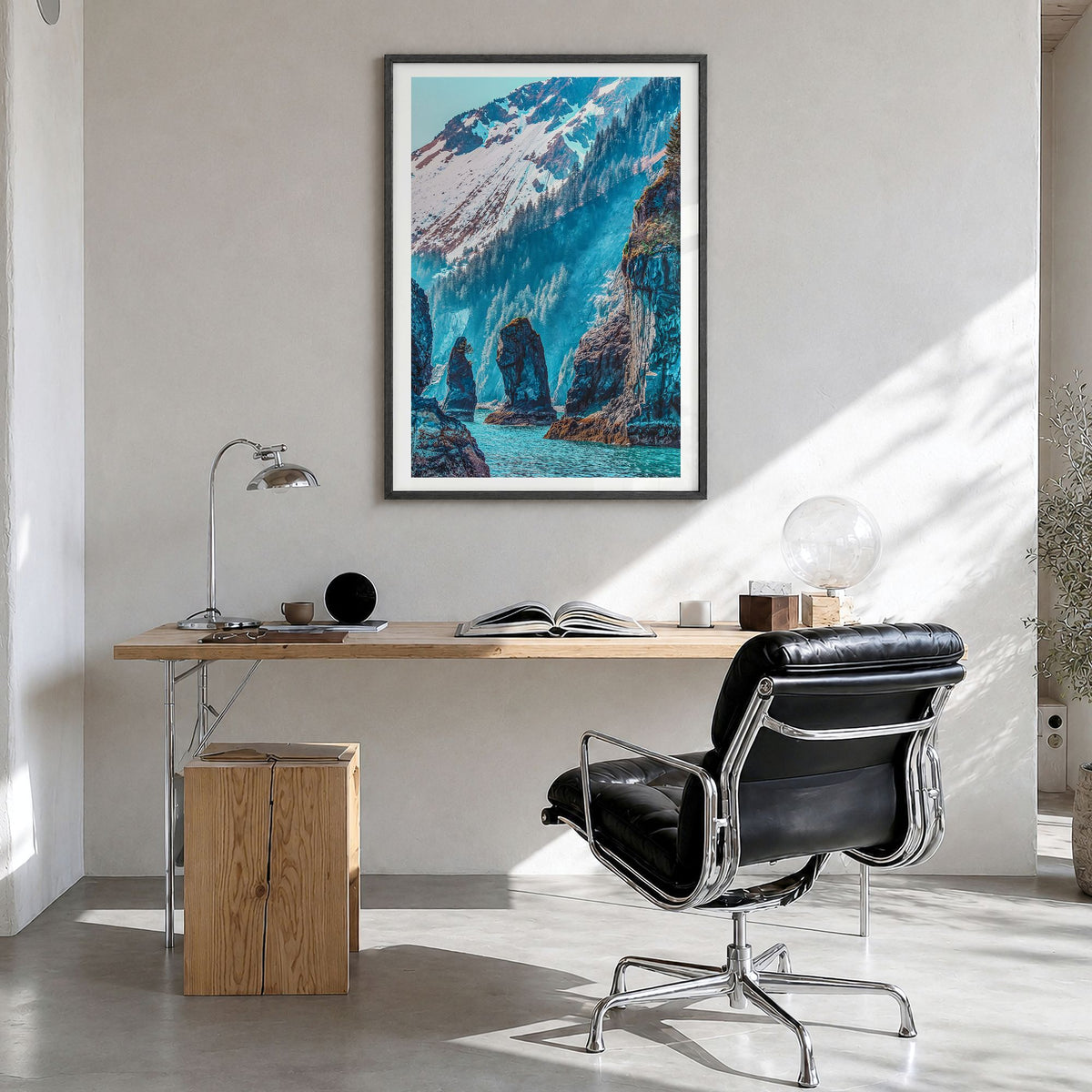 Kenai Fjords National Park Photo Poster in a black wood frame, hanging in a bright home office, white border
