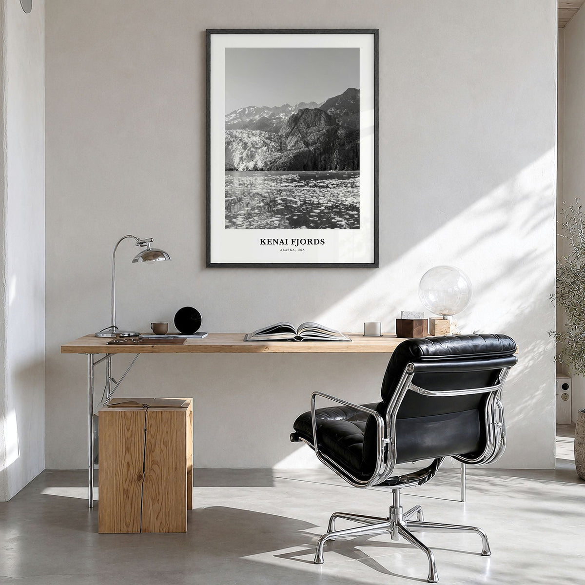 Kenai Fjords National Park Classic Poster in a black wood frame, hanging in a bright home office