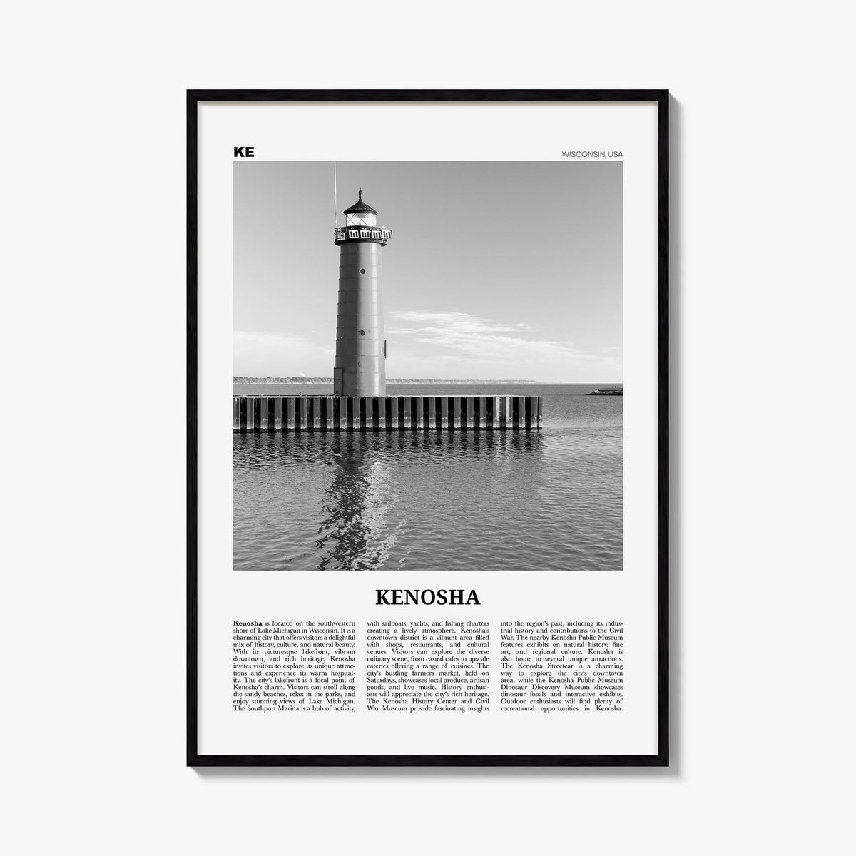 Kenosha black & white newspaper poster of Wisconsin, USA – vertical wall art, unframed print shown in interior mockup