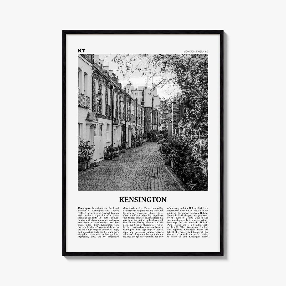 Kensington black & white newspaper poster of London, England – vertical wall art, unframed print shown in interior mockup