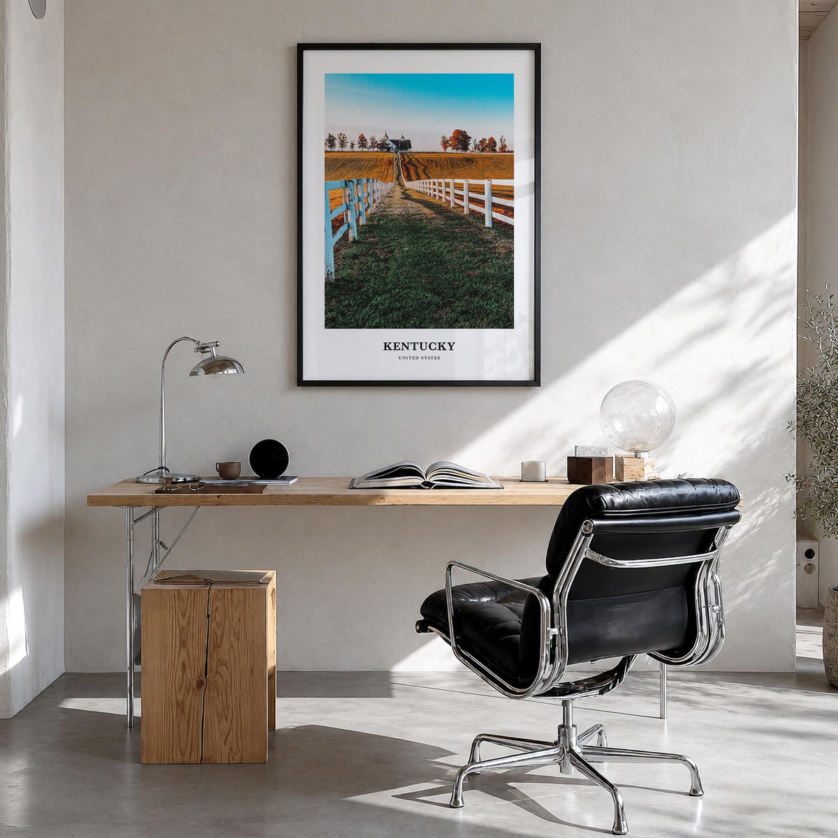 Kentucky colorful classic poster of United States – vertical wall art in black wood frame, hanging on wall