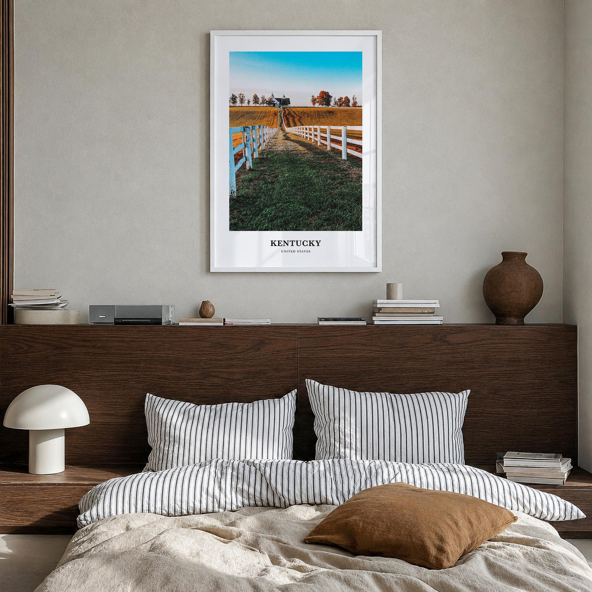 Kentucky colorful classic poster of United States – vertical wall art in white wood frame, hanging on wall