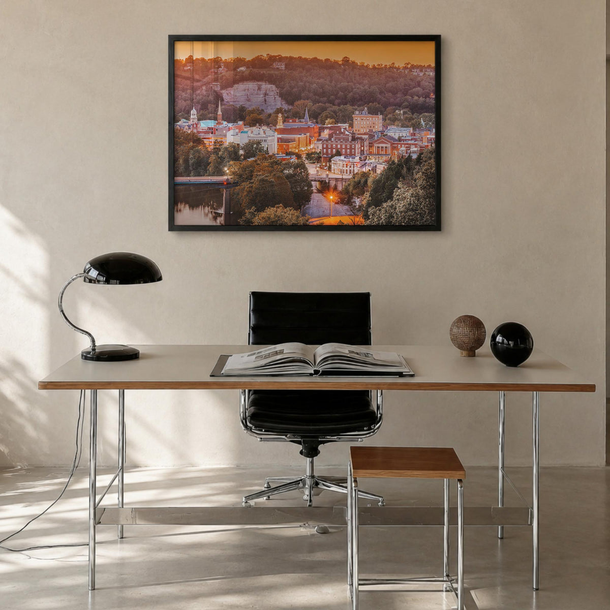 Kentucky colorful photo poster of United States – horizontal wall art in black wood frame, hanging on wall