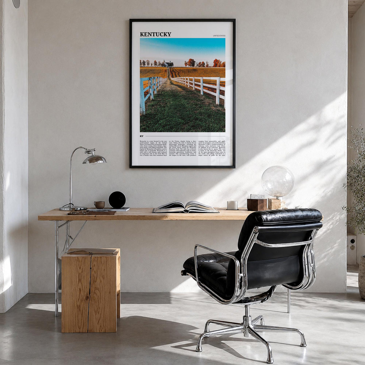 Kentucky colorful travel poster of United States – vertical wall art in black wood frame, hanging on wall